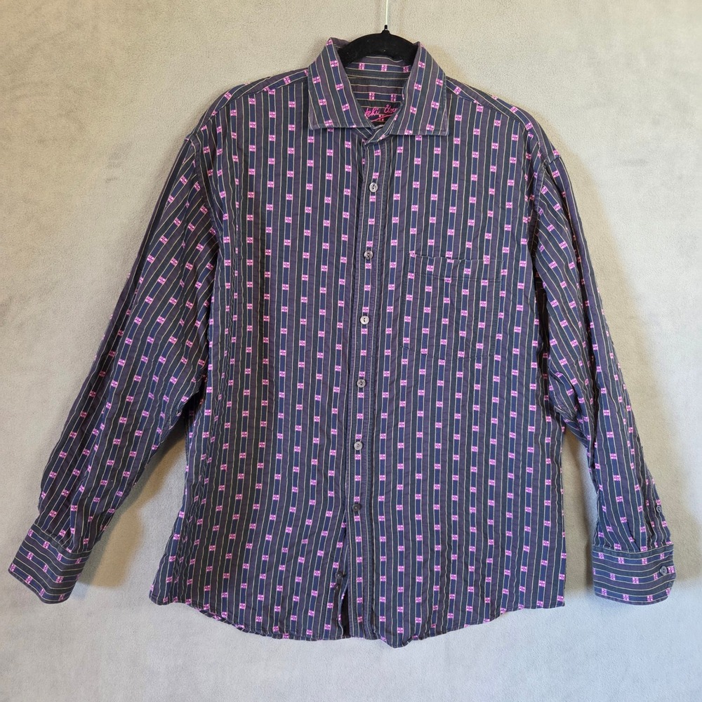 Bugatchi Uomo Geometric Striped Cotton Button Down Shirt Men's Medium Casual